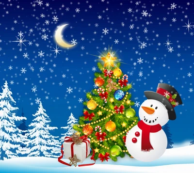 gift, merry christmas, night, snow, snowman