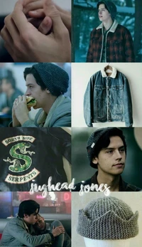 A collage showcasing Cole Sprouse as Jughead Jones in "Riverdale," featuring dramatic moments, iconic fashion, and character symbolism.