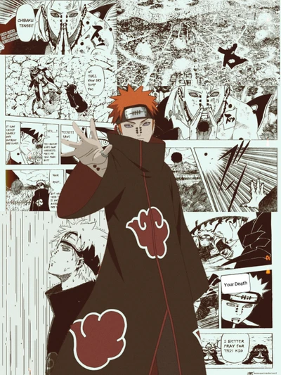 Pain de Naruto Shippuden libera seu poder em meio a um fundo dinâmico de mangá.