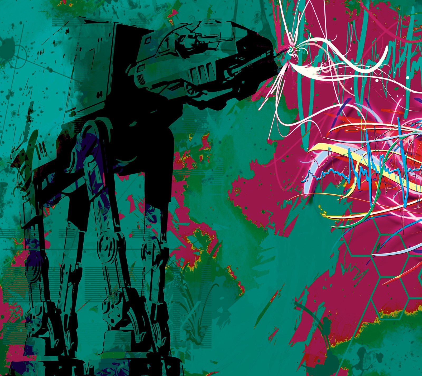 Gemälde eines at-at-walkers mit einem neon-hintergrund (abstrakt, kunst, at at, beeindruckend, klasse)