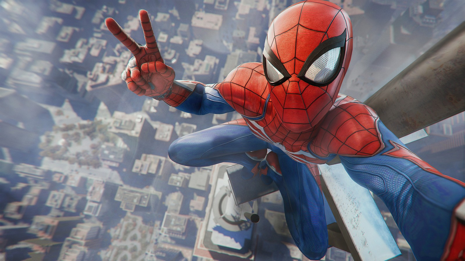 Spider-man en costume se tient sur un rebord au-dessus d'une ville (4k, avengers, bleu, ville, héros)