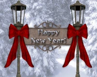 Festive Happy New Year Celebration with Lanterns and Snowy Background