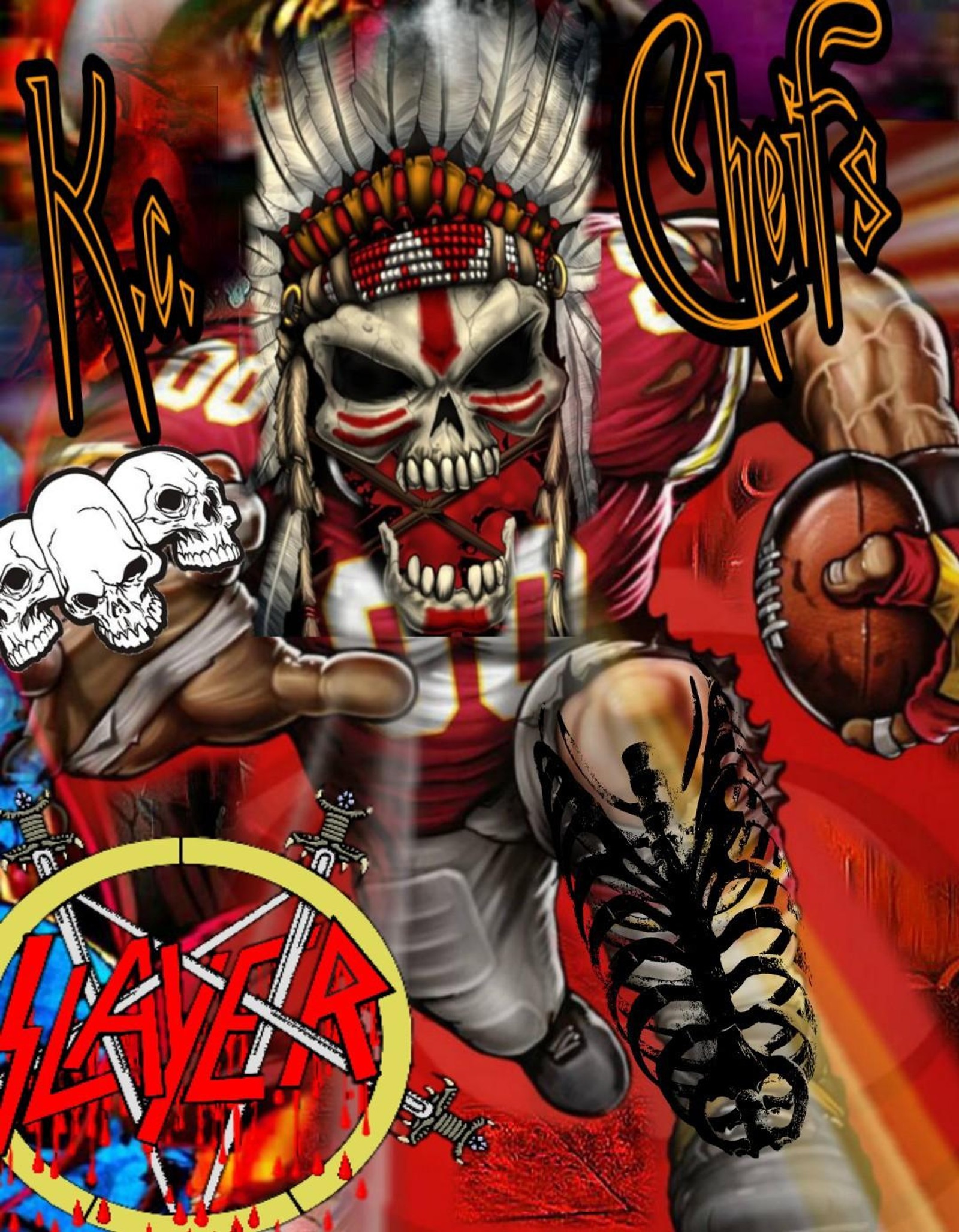 Nahaufnahme eines posters mit einem totenkopf und einem fußballspieler (slayer, chefs)