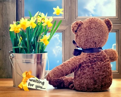 urso, flores, amor, teddy, esperar