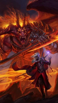 Epic Clash of a Fearsome Demon and a Heroic Warrior in a Fiery Realm