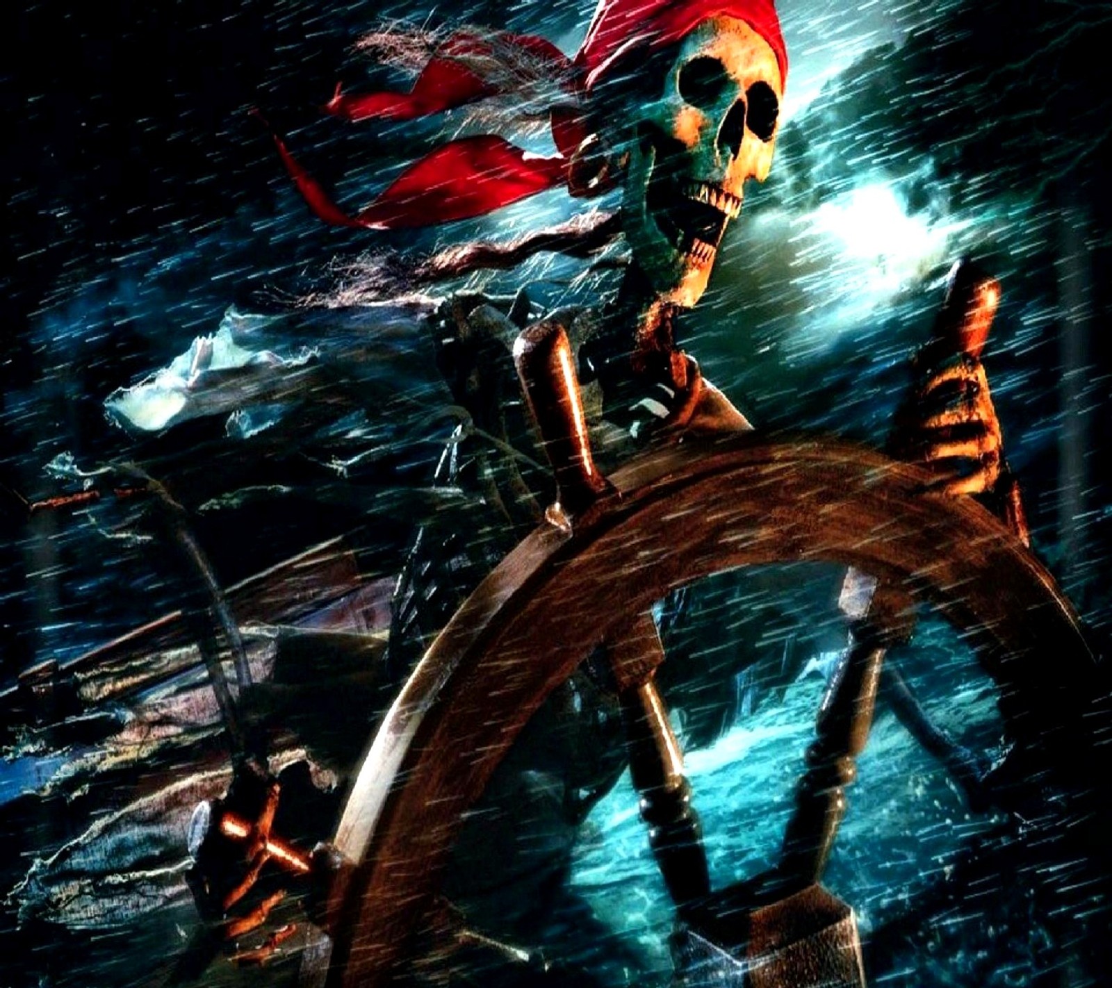 Piratas en un barco con una calavera y una bandana roja (piratas)