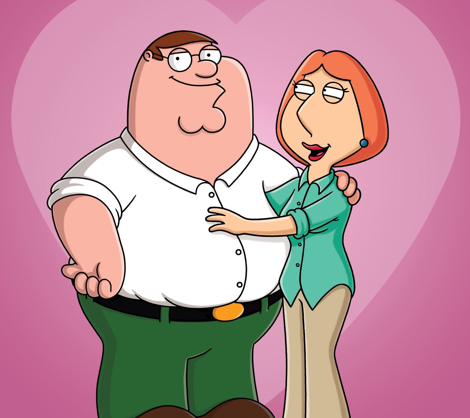 Un dibujo animado de un hombre y una mujer de pie uno al lado del otro (padre de familia, family guy, feliz, corazón, lois)