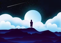 Silhouette eines Jungen unter einem sternenklaren Himmel mit einem Vollmond