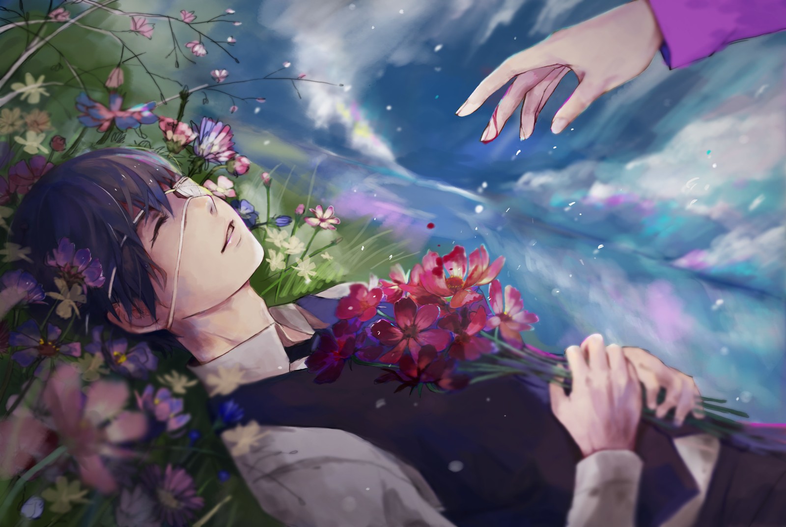 Anime man laying on the ground with flowers in front of him (purple, anime, flower, petal, plant)