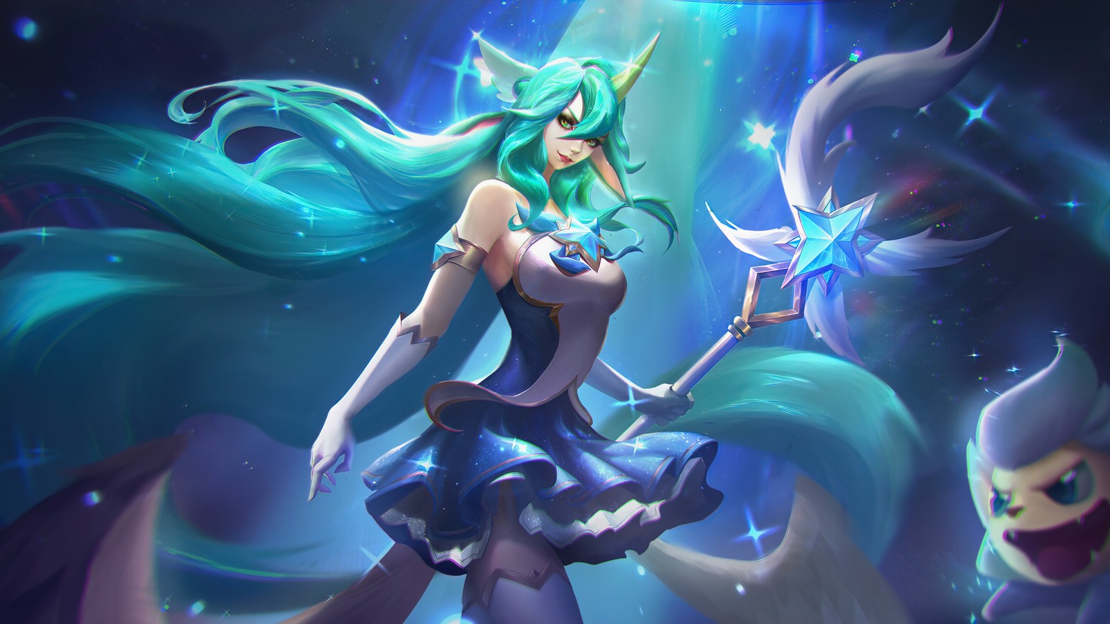 A woman with long hair and a blue dress holding a star (soraka, star, guardian, league of legends, lol)