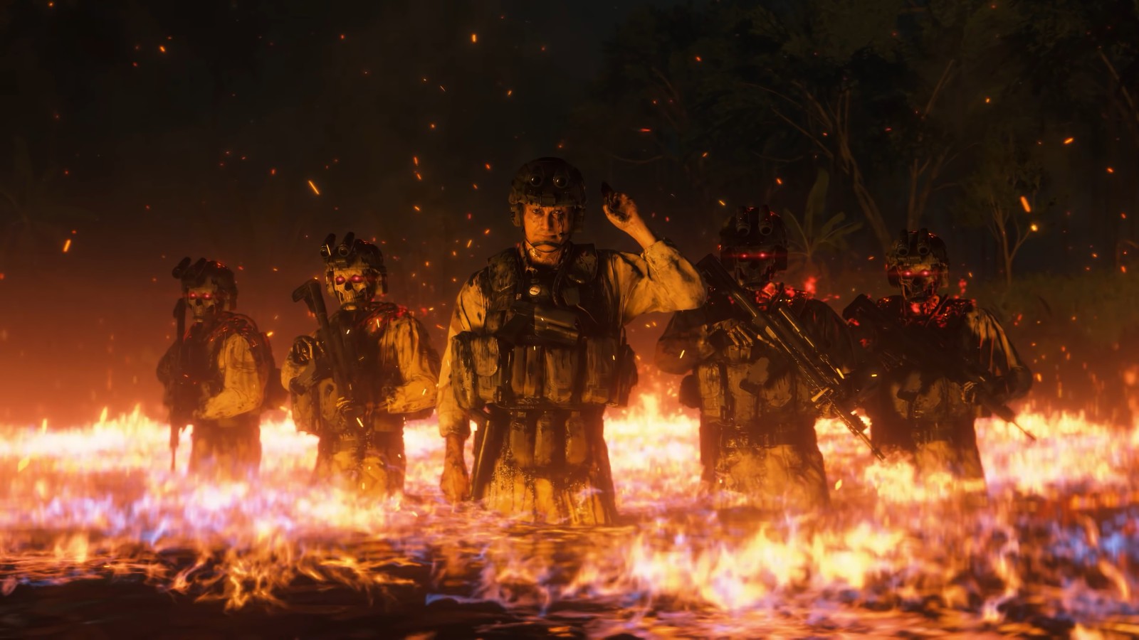 A group of soldiers standing in front of a fire (death stranding, video game, soldiers, mads mikkelsen)