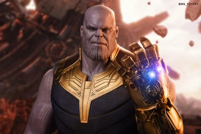 Thanos, the formidable villain from the Marvel Cinematic Universe, showcases his powerful Infinity Gauntlet amidst a dramatic backdrop.