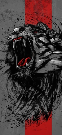 Monochrome vector illustration of a roaring tiger, featuring bold carmine accents and dynamic brush strokes.