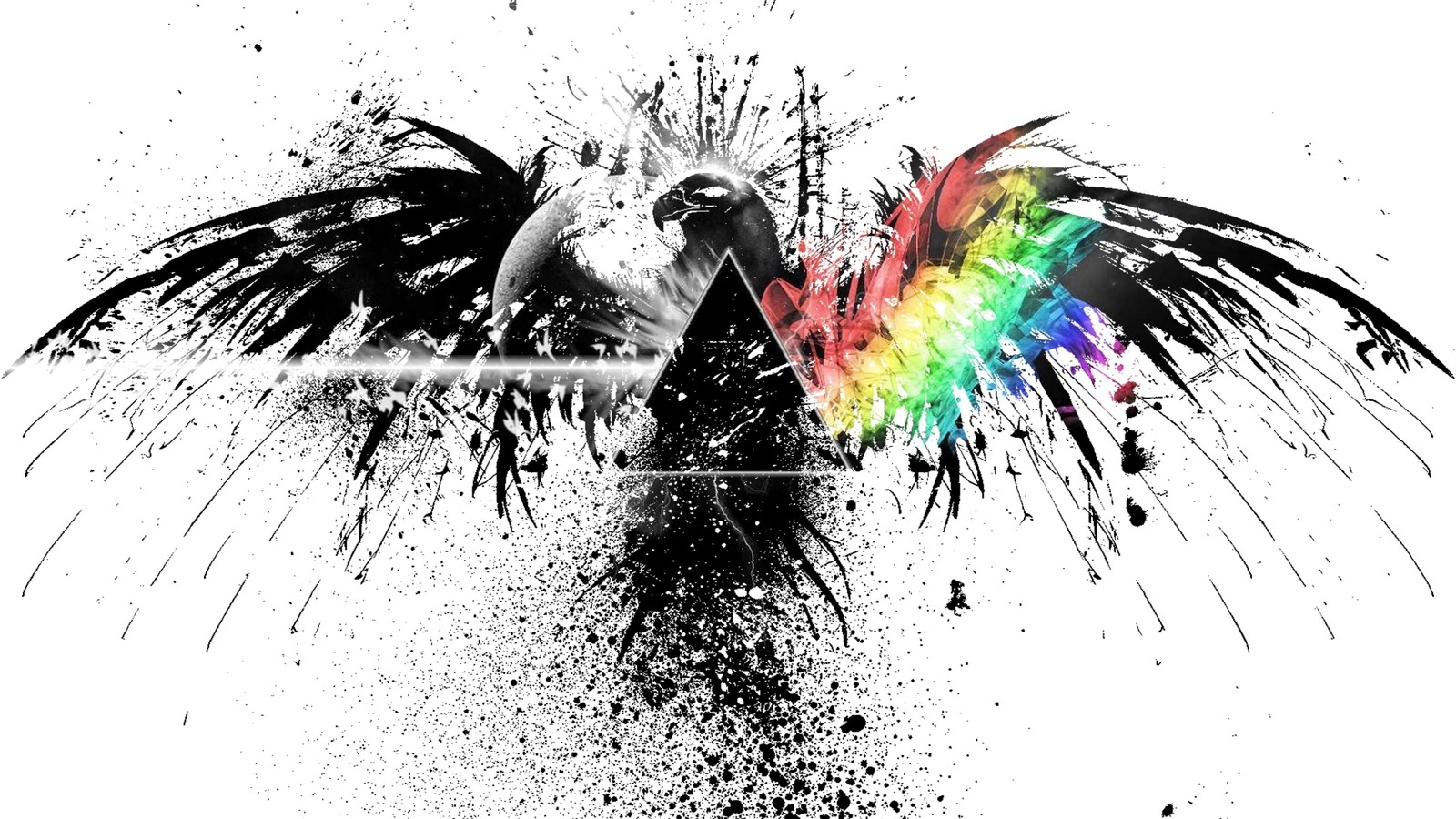 A close up of a bird with a rainbow on its wings (pink floyd, the wall, graphic design, illustration, wing)