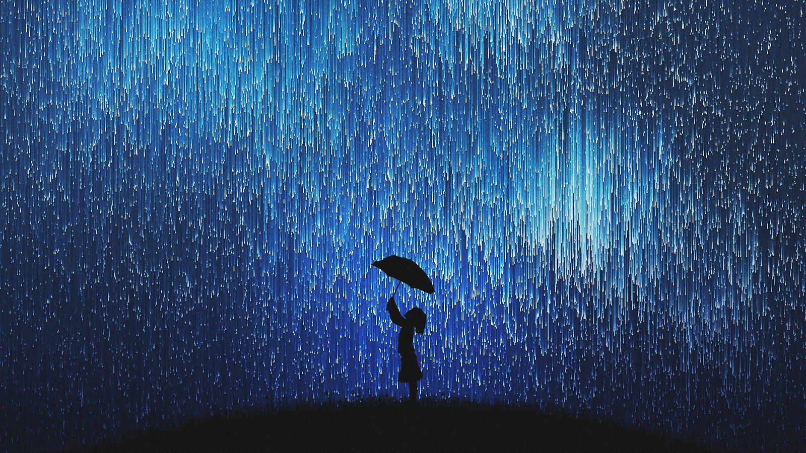 Eine person hält einen regenschirm im regen (regnen, sterne, schattenriss, digitale kunst)