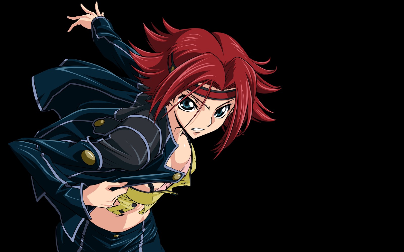 A woman with red hair and a black jacket holding a gun (kallen stadtfeld, lelouch lamperouge, cartoon, suzaku kururugi, cool)