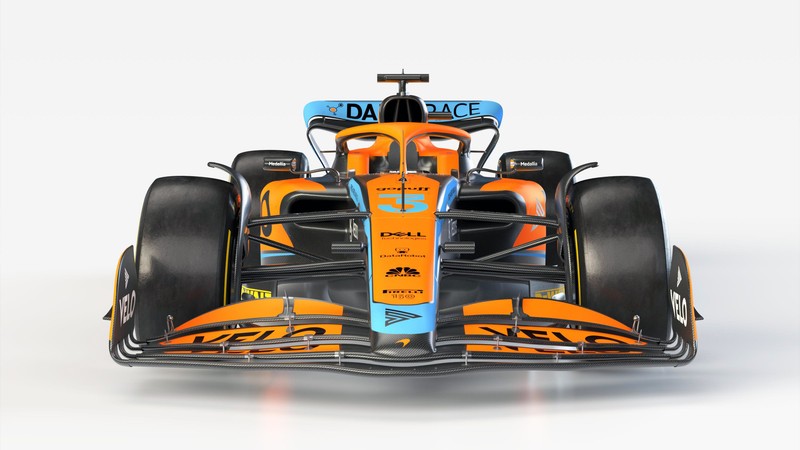 Макросъемка гоночного автомобиля на белом фоне (mclaren mcl36, автомобили формулы 1, 2022, белый фон, формула 1)