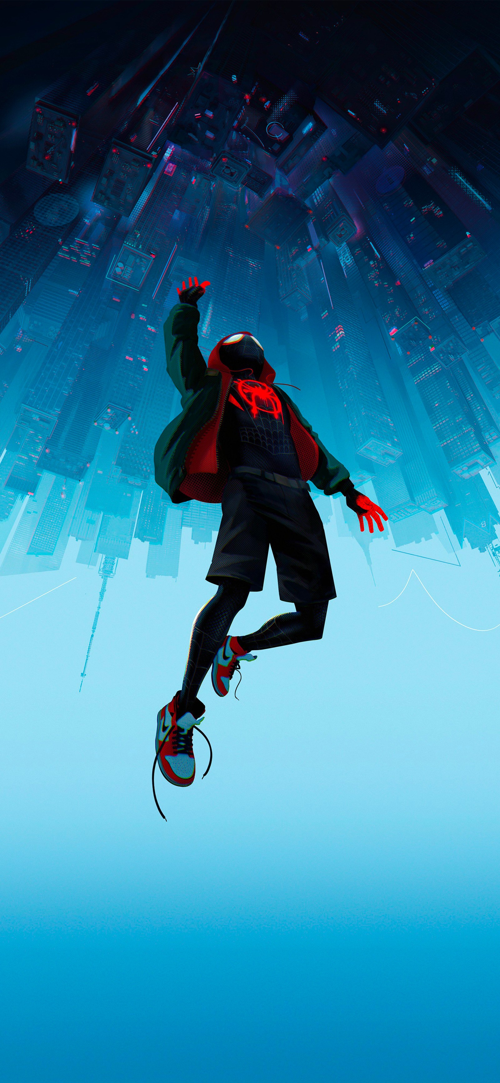 Spider-man in einem roten umhang und schwarzem anzug springt in die luft (spider man into the spider verse, spider man, gwen stacy, plakat, marvel comics)