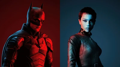 Batman e Mulher-Gato em uma divisão de cores dramática, mostrando seu vínculo intenso e personalidades contrastantes.