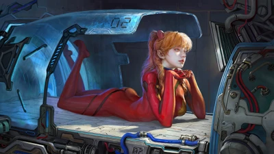 Asuka Langley Soryu in a futuristic pod from Evangelion