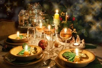 Festive Christmas Dinner Table with Candlelight and Decorations