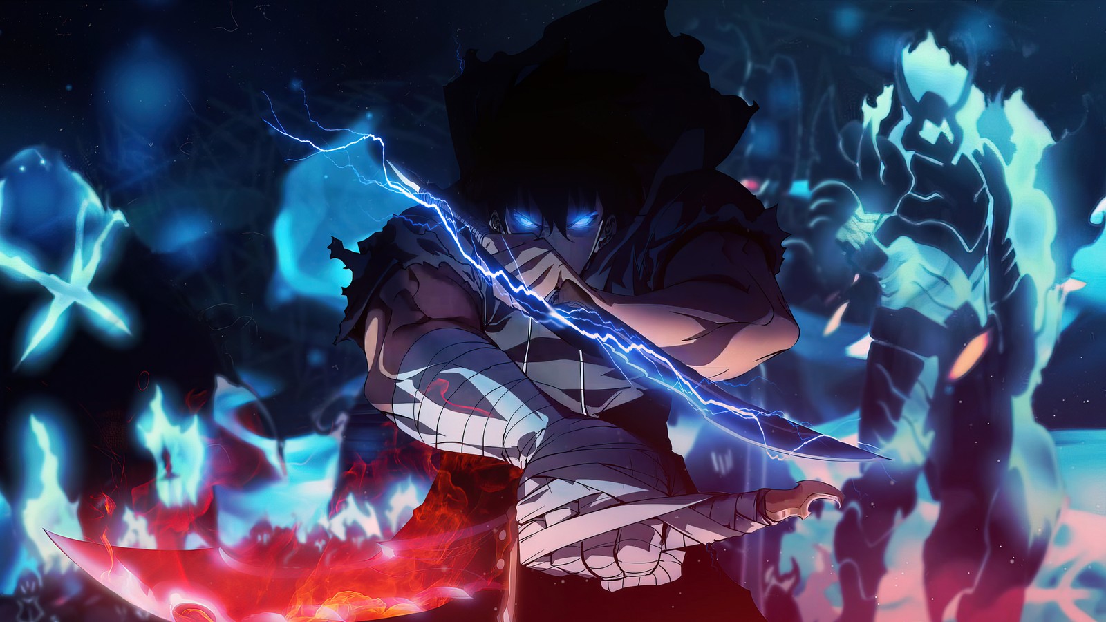 Anime, anime girl, sword, fire, blue, black, anime art (sung jinwoo, 성진우 sung jin woo, solo leveling, manhwa)