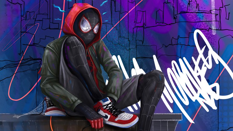 Человек-паук сидит на краю с граффити на фоне (майлз моралес, miles morales, человек паук через вселенные, spider man into the spider verse, фильм)