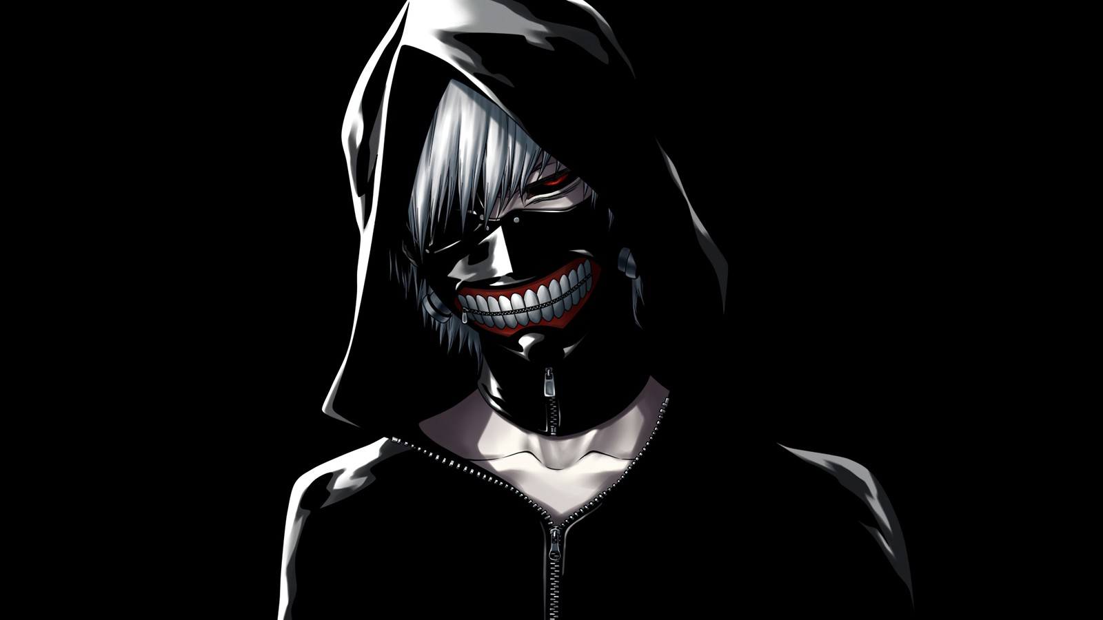 Nahaufnahme einer person mit kapuze und einem gruseligen gesicht (amoled, tokyo ghoul, schwarzer hintergrund, schwarz dunkel, anime)