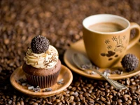 Cappuccino riche et cupcake au chocolat décadent sur des grains de café