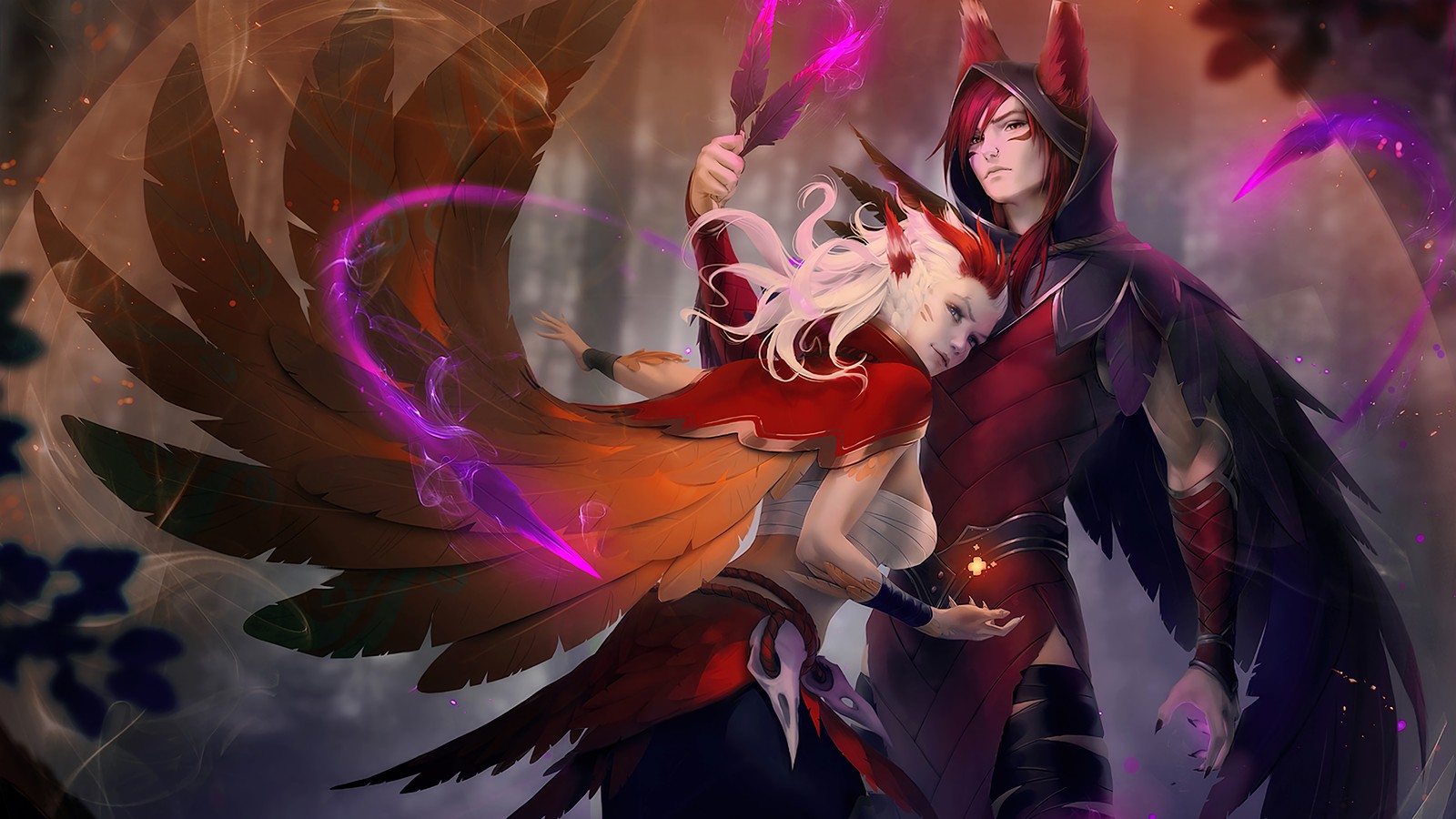 Женщина с птицей на плече и мечом в руке (сая, xayah, ракан, rakan, lol)