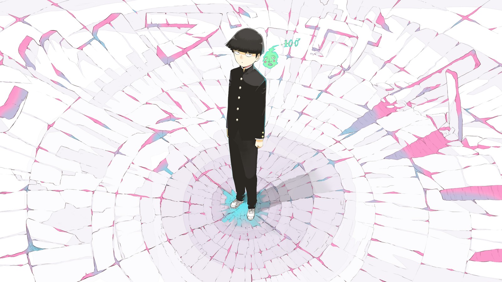 Anime character standing in a circular hole with a blue and pink background (anime, gesture, art, line, suit)