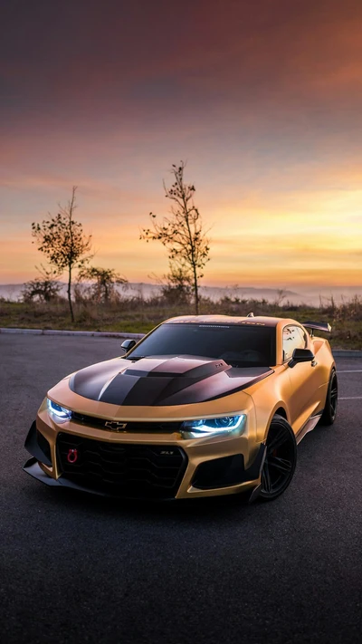 Vista impressionante do pôr do sol de um Chevrolet Camaro 2016 destacando seu design elegante e postura agressiva com grade proeminente e rodas esportivas.