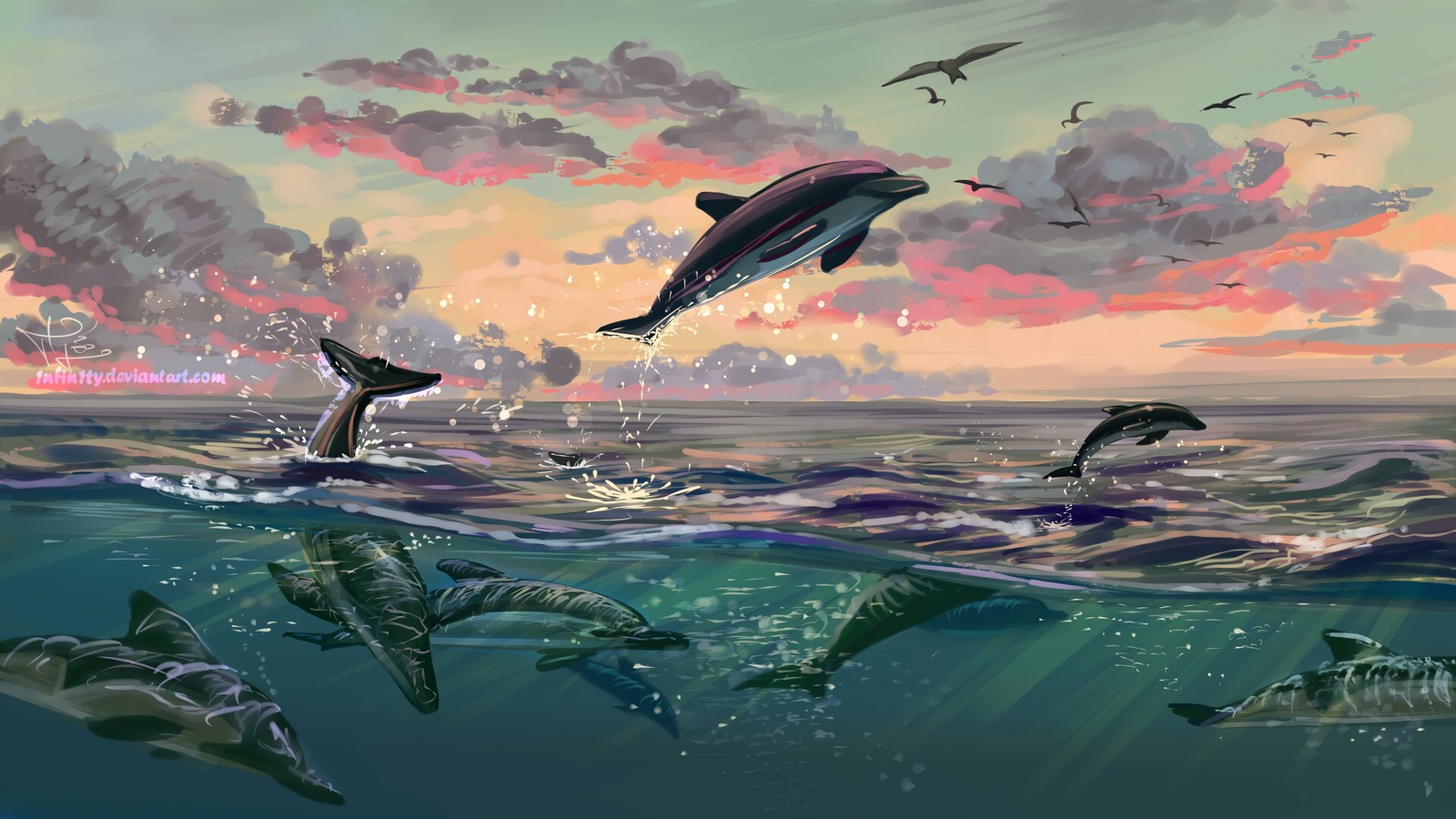 Dolphins are swimming in the ocean with a sunset in the background (art, dolphin, bottlenose dolphin, cetacea, water)