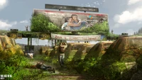 Cartel de bienvenida cubierto de vegetación en un paisaje post-apocalíptico de The Last of Us Part II