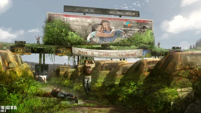 Placa de boas-vindas coberta de vegetação em uma paisagem pós-apocalíptica de The Last of Us Part II