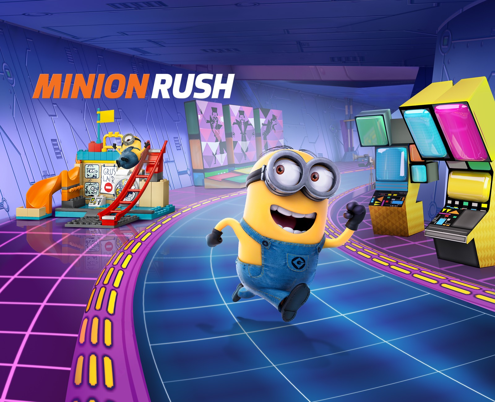 Un jeu minion rush avec un minion courant dans une pièce (minion rush, moi moche et méchant, despicable me, jeu vidéo, jeux)