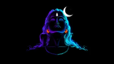 Illuminated silhouette of Lord Shiva, adorned with a crescent moon and third eye, against a deep black background, capturing the essence of divine energy in vibrant hues.