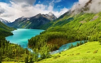 Breathtaking Mountain Lake Surrounded by Lush Greenery and Majestic Peaks