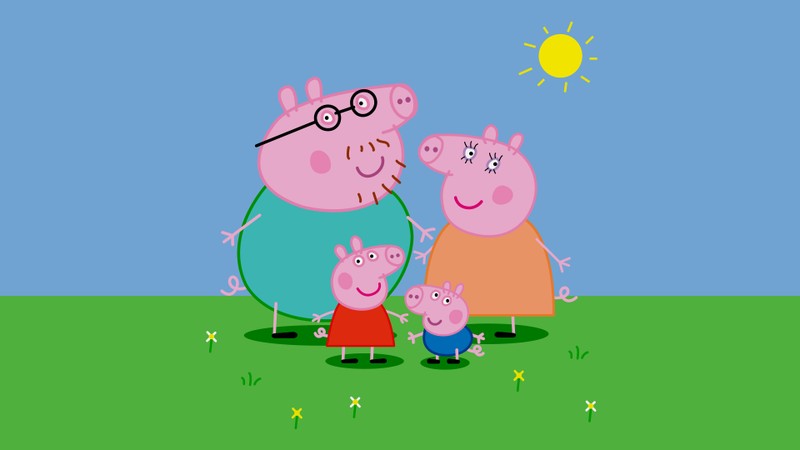 Семья свинки пеппы стоит в поле с солнцем на фоне (peppa pig family, папа свин, мама свинья, джордж свин, george pig)