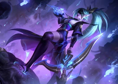 Spirit Blossom Vayne en una pose llamativa, empuñando su arco con energía etérea, contra un fondo místico de tono púrpura.