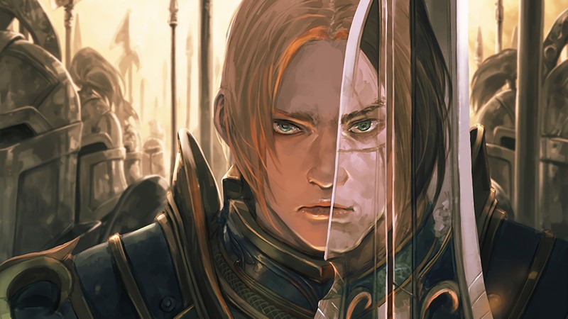 Крупный план человека, держащего меч в комнате (андуин врин, anduin wrynn, меч, армия, wow)