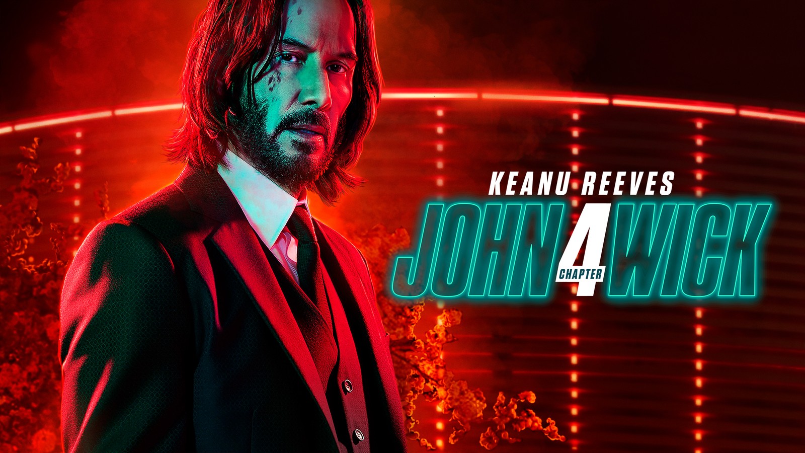 John wick in a suit standing in front of a red light (john wick chapter 4, neon, keanu reeves as john wick, john wick 4, movies)