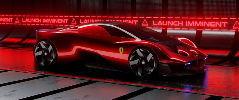 Красный автомобиль припаркован перед неоновым знаком (ferrari concept car, широкоформатный, 5k, 8k, красный фон)