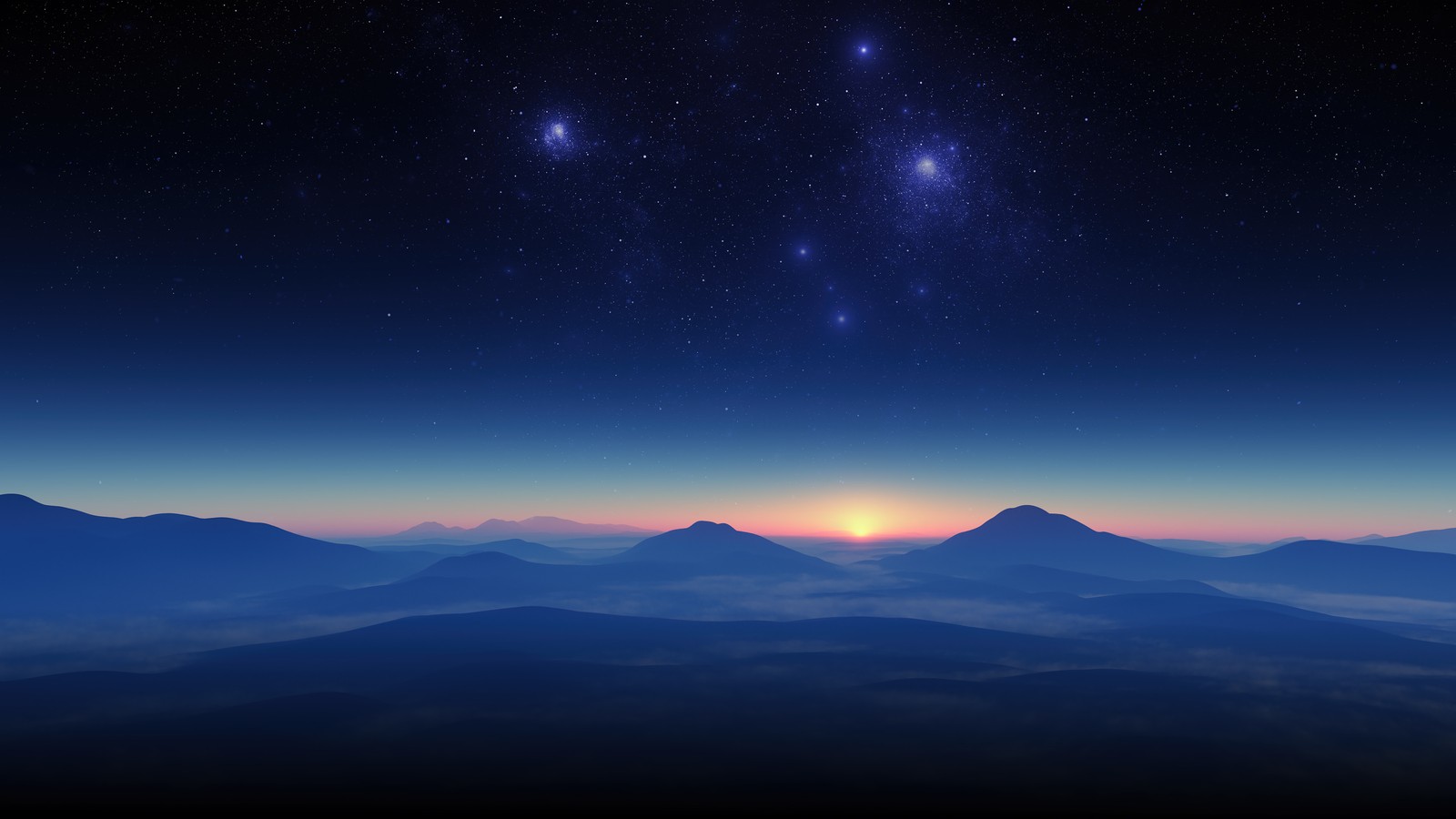 Una vista del sol saliendo sobre montañas y estrellas (noche, cielo, estrellas, amanecer, horizonte)