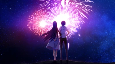 Midnight Romance Under Electric Blue Fireworks