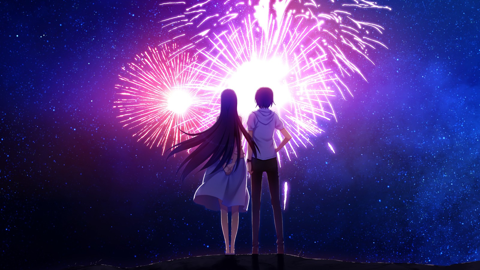 Descargar fondo de pantalla anime, fuegos artificiales, evento, púrpura, violeta