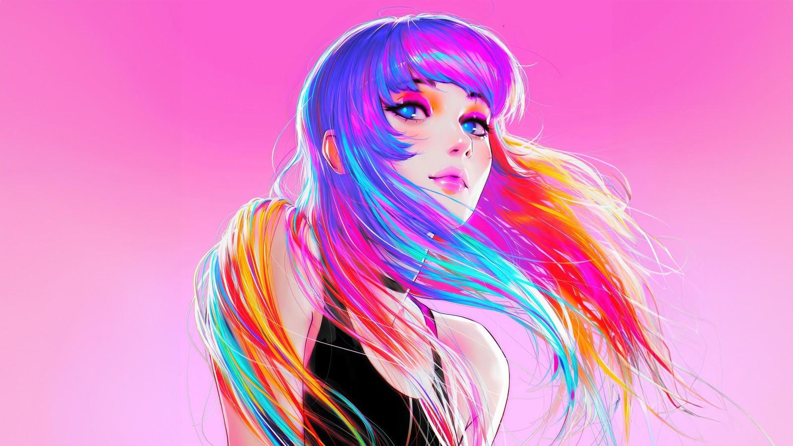 A close up of a woman with long hair and a colorful hair (beautiful girl, colorful art, girly backgrounds, ai art, pink background)