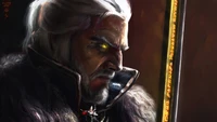 Geralt de Rívia empunhando uma espada brilhante, exalando uma feroz determinação e intensidade.