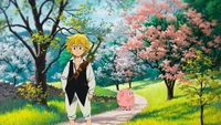 Meliodas et Hawk dans un paysage printanier serein de Nanatsu no Taizai