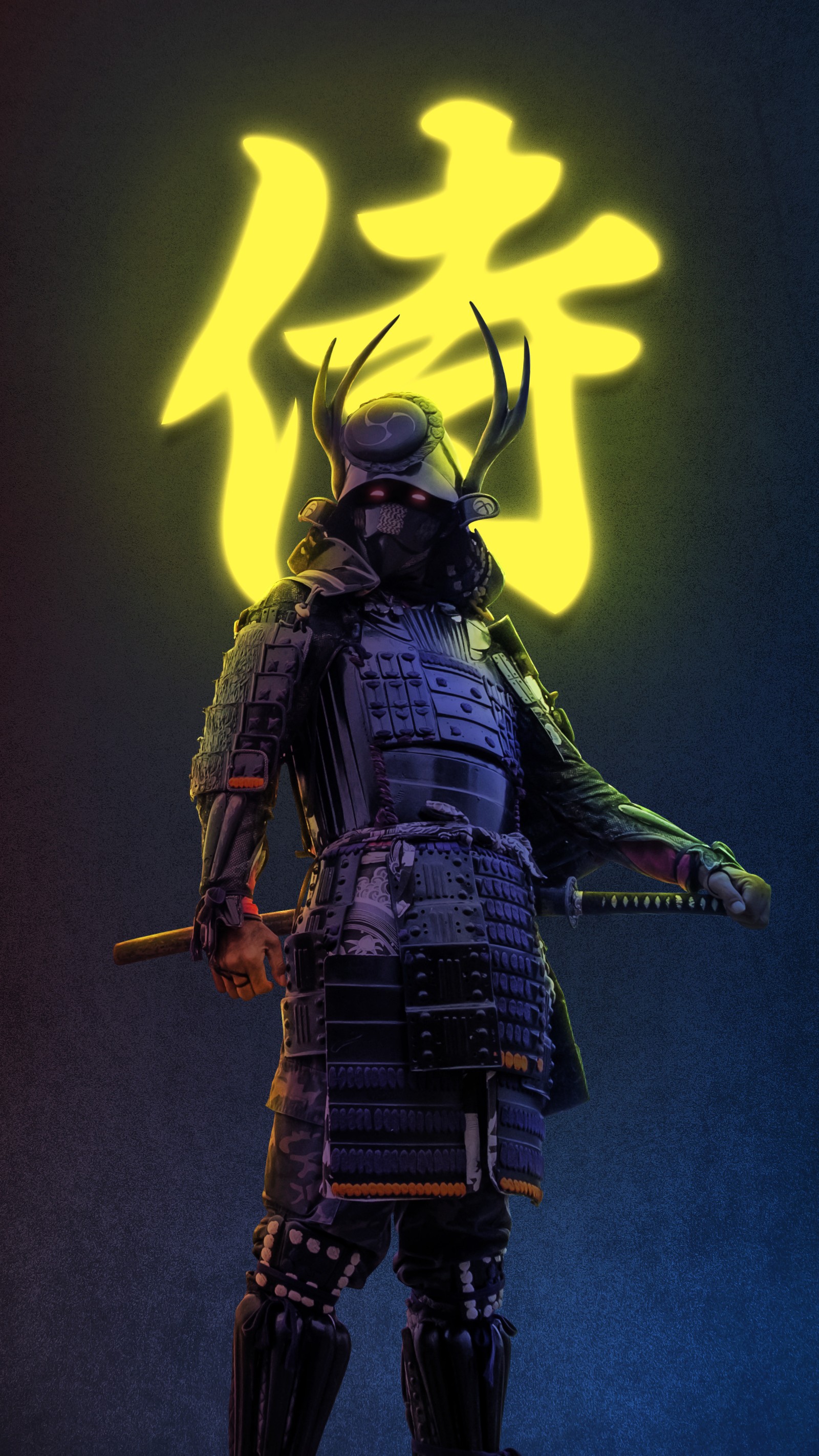 Um samurai com uma espada e uma luz amarela ao fundo (samurai, armadura, cyberpunk, escuro, hasaka)